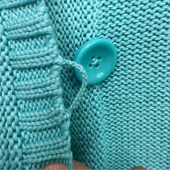 JNY Open Front Buttons Cable Knit Cardigan Teal Sz M Cotton Cottagecore Pocket - Picture 8 of 15